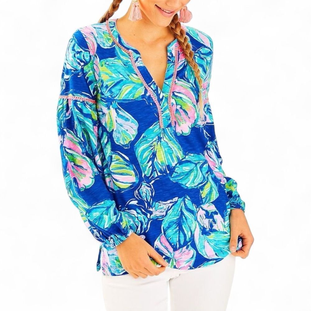Lilly Pulitzer Kalissa Knit Tunic Women S Blue Tropical Floral Resort Top Boho